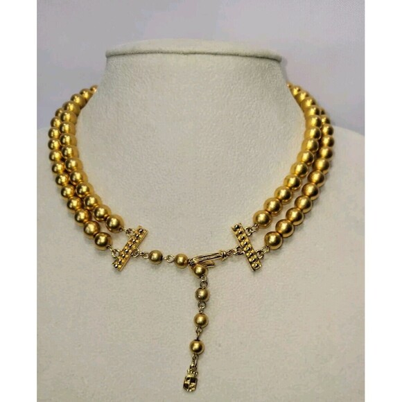 VTG LCI  Liz Claiborne 1980s Necklace Matte Gold Toned Beaded W/ Center Cabachon - Picture 5 of 9
